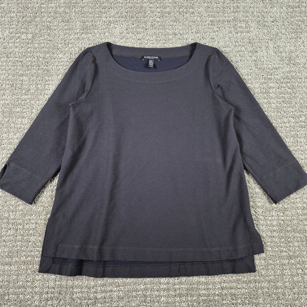 Eileen Fisher Petite Top Womens PS Black Washable Stretch Crepe Bateau neck